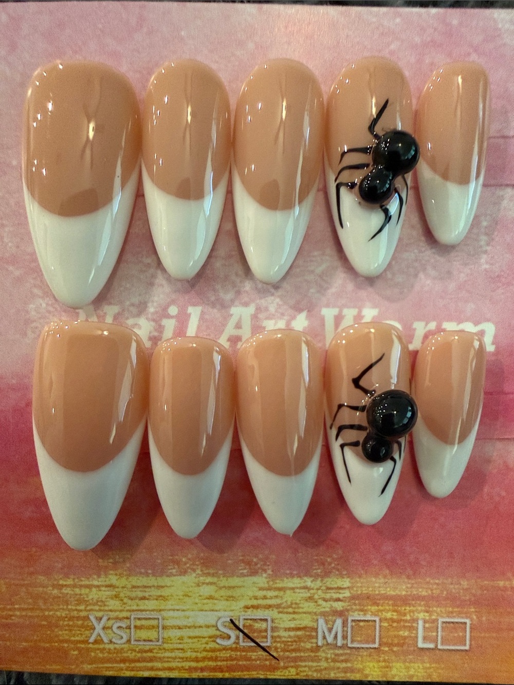 French White and Nude handmade Press-On Nail Set with Spider Accent
